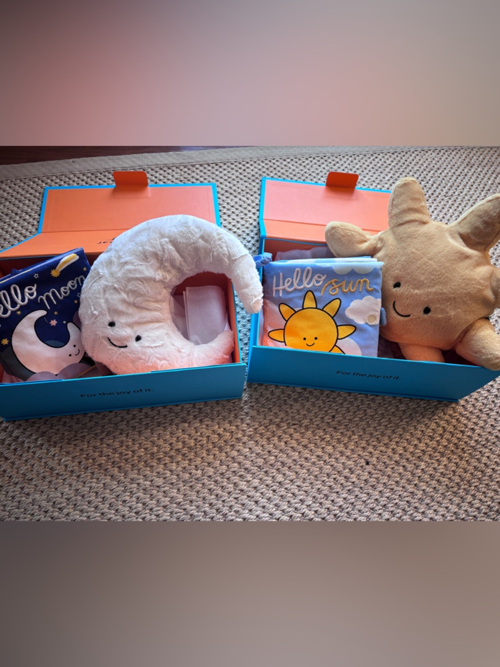 Jellycat Amuseables White Crescent Moon & Yellow Sun Plush Set with soft books